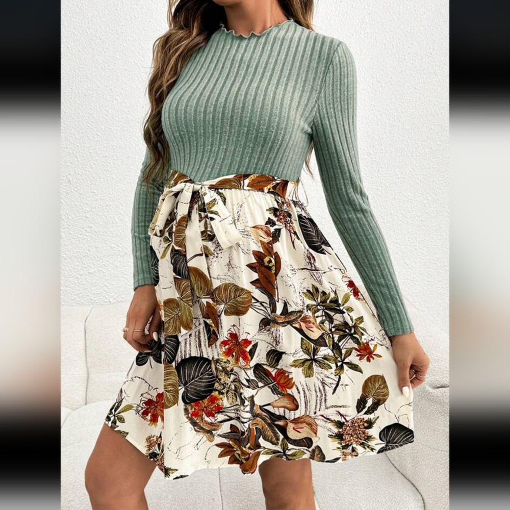 Floral Green and Cream Dress